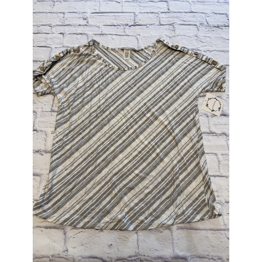 Corvia Women's XL Gray & White  Strip Blouse With Decorative Buttons On Shoulder